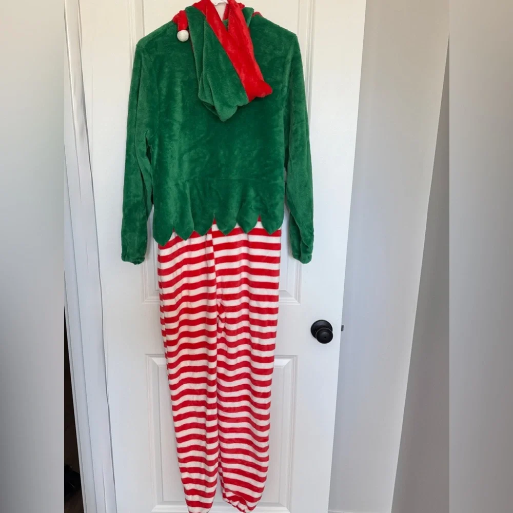 Halloween Costumes Elf Costume Jumpsuit Hooded Red Stripe Belt Junior XL‎
